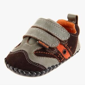 PEDIPED LEATHER INFANT BABY CRIB SHOES ORANGE BROWN GRAY 0-6 MONTHS SIZE 2.5 - 3